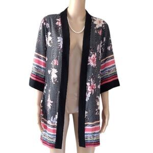 I.N. Studio Petite Women's Size PL Thin Flowy Floral Cardigan Black Chevron